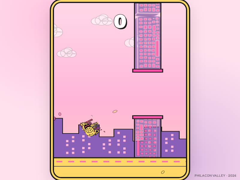 The golden PhilaCon bird mascot mid-flap over a purple city skyline, with a pink-and-purple pipe ahead against a pale pink sky.