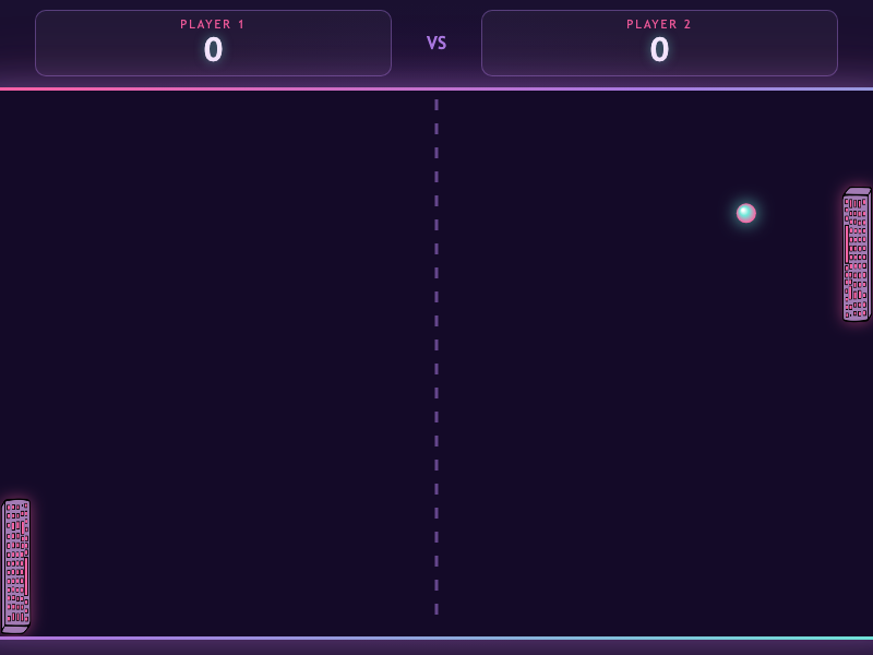 Two keyboard-shaped paddles, both displaced from center on a dark purple court, with a glowing white ball closing in on one paddle mid-rally.