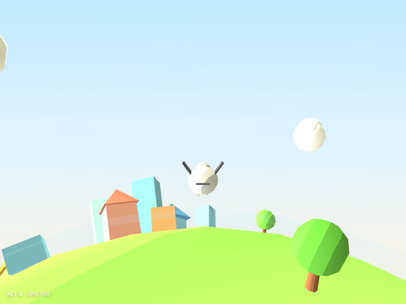 A cream-colored pigeon gliding above the curved green horizon of a tiny planet, with trees and small houses below a pale blue sky.