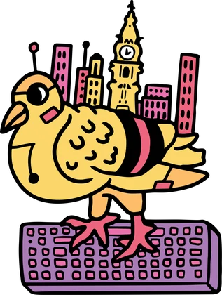 The PhilaCon Valley pigeon standing on a keyboard, with the Philadelphia skyline behind it