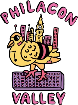 PhilaCon Valley — a pigeon on a keyboard with the Philadelphia skyline